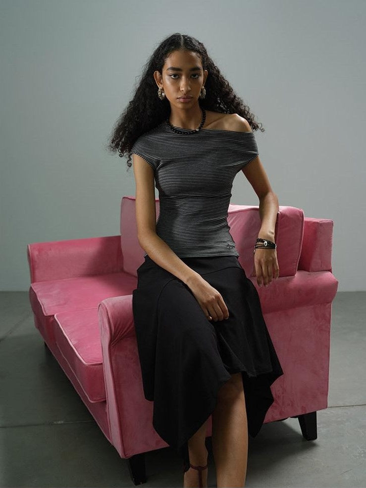 AFTADAWN Striped Asymmetrical Shoulder Cinched Waist Women&