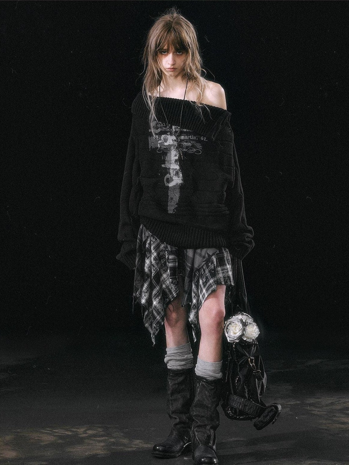 Cest Nous Star Check Irregular Frayed Leather Patch Fur Waist Women&