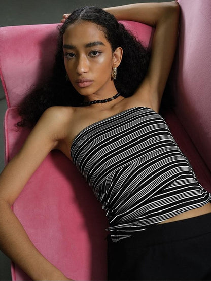 AFTADAWN Striped Asymmetric Ruched Waist Cinched Women&