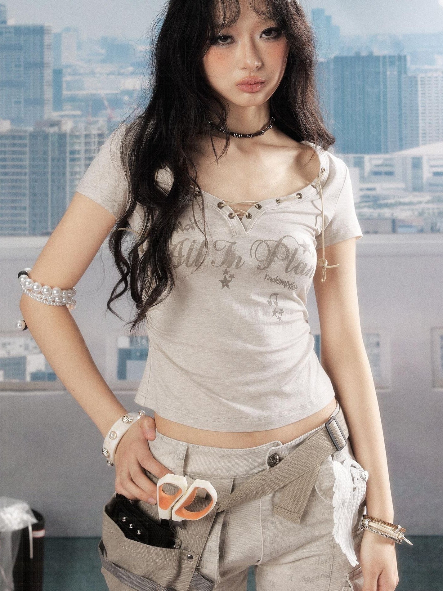 ALL iN plan Lyocell Cotton Blend Casual Cinched Waist Aline Sleeve Khaki Cropped Letter