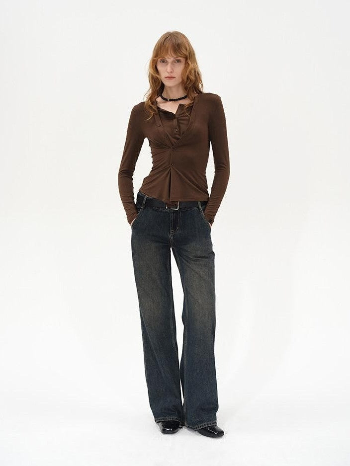 AFTADAWN Irregular Button Placket Faux Layered Women&