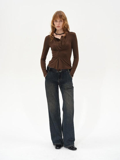 AFTADAWN Irregular Button Placket Faux Layered Women&