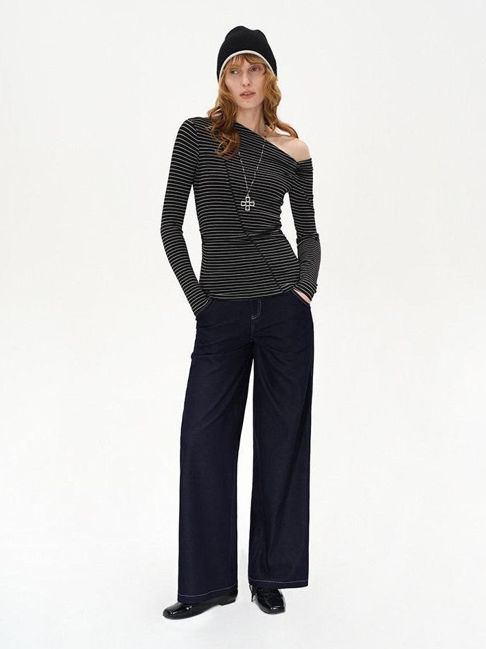 AFTADAWN Striped Ruched Off Shoulder Asymmetric Women&