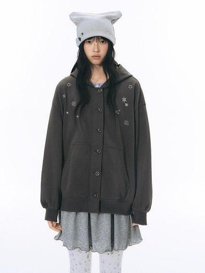 NAPSNAPS Crying Face Embroidered Vintage Button Placket Women&