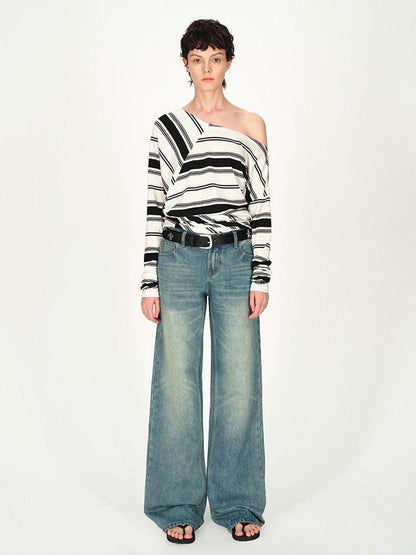 AFTADAWN Striped Asymmetric Off Shoulder Women&