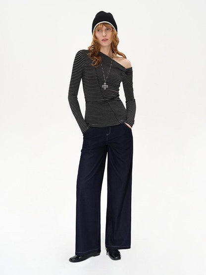 AFTADAWN Striped Ruched Off Shoulder Asymmetric Women&