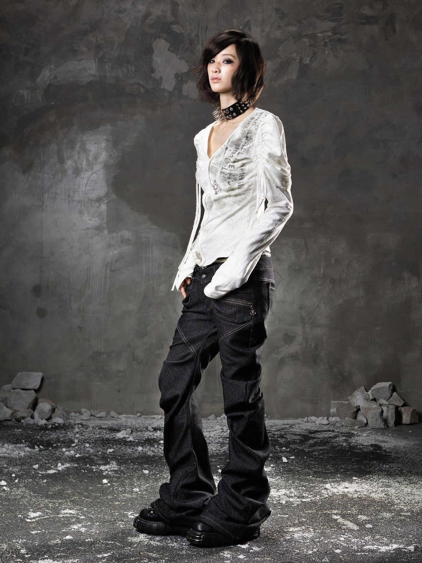 ARIADNAw Black Denim Punk Double Waistband Curved Stacked Texture Women&