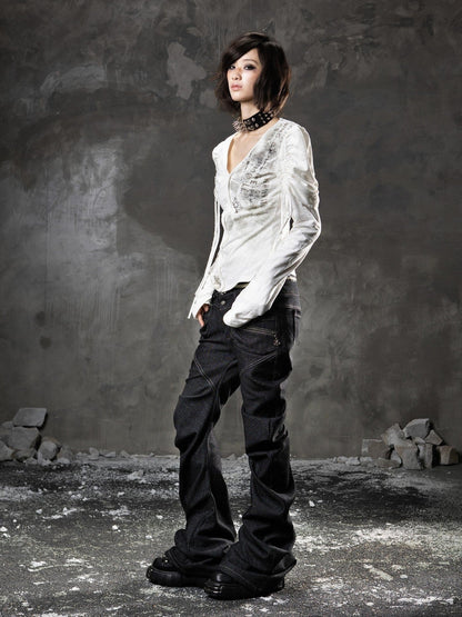 ARIADNAw Black Denim Punk Double Waistband Curved Stacked Texture Women&