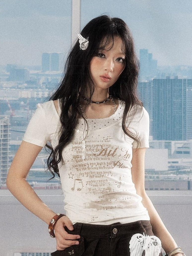 ALL iN plan Soft Lyocell Casual Round Neck A Line Sleeve Women Letter Print Offwhite Tshirt