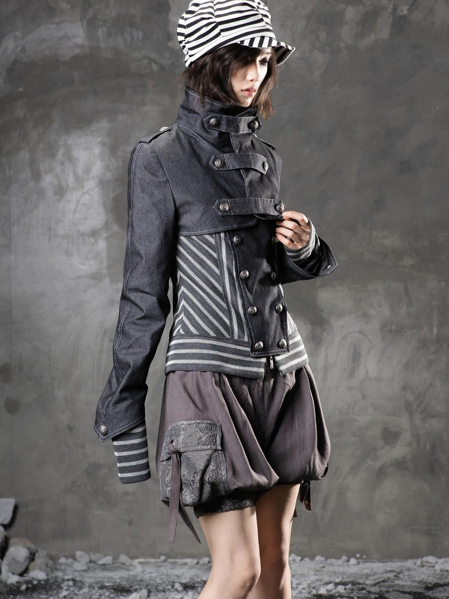 ARIADNAw Denim Blue Asymmetrical Striped Patchwork Original Design Women&