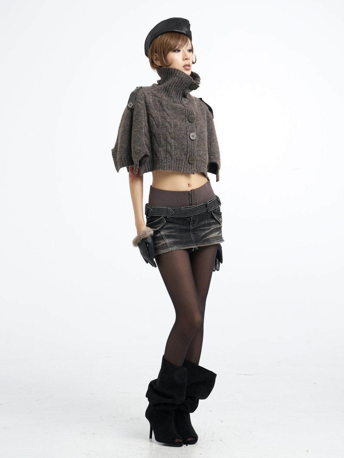 Flowers birds Market Washed Distressed Embroidered Double Waist Women&
