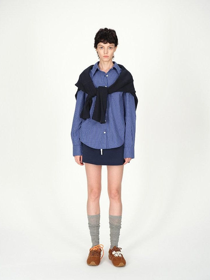 AFTADAWN Contrast Fine Check Oversized Button Polo Collar Women&