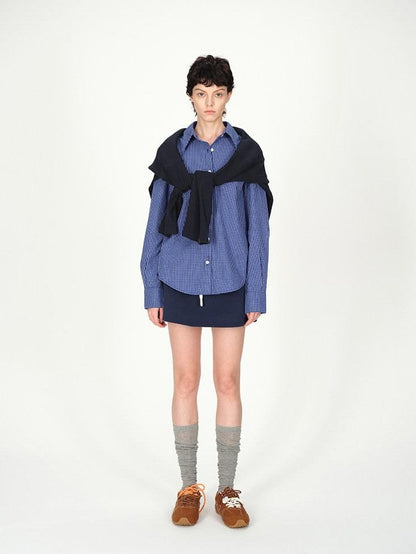 AFTADAWN Contrast Fine Check Oversized Button Polo Collar Women&
