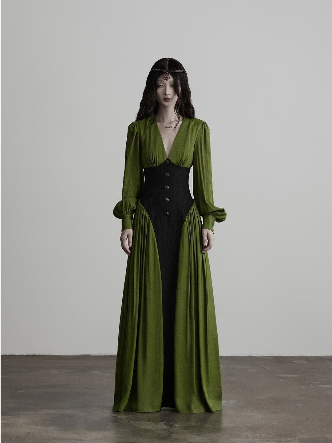 INDULGE_Elegant_V-neck_Long_Sleeve_A_Line_Waist_Cinched_Women&