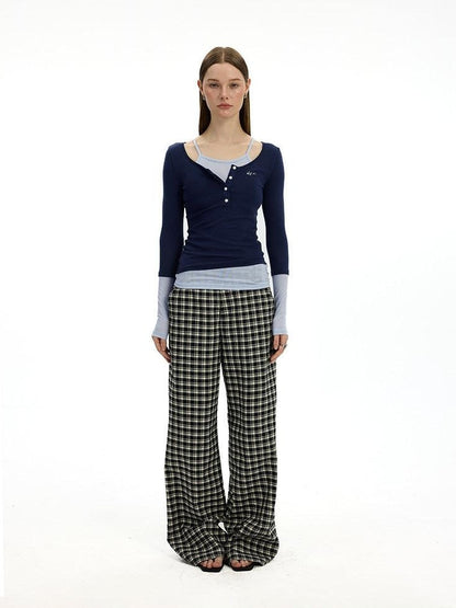 AFTADAWN Colorblock Faux Two Piece Henley Women&
