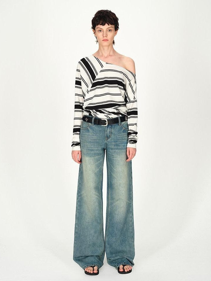 AFTADAWN Striped Asymmetric Off Shoulder Women&
