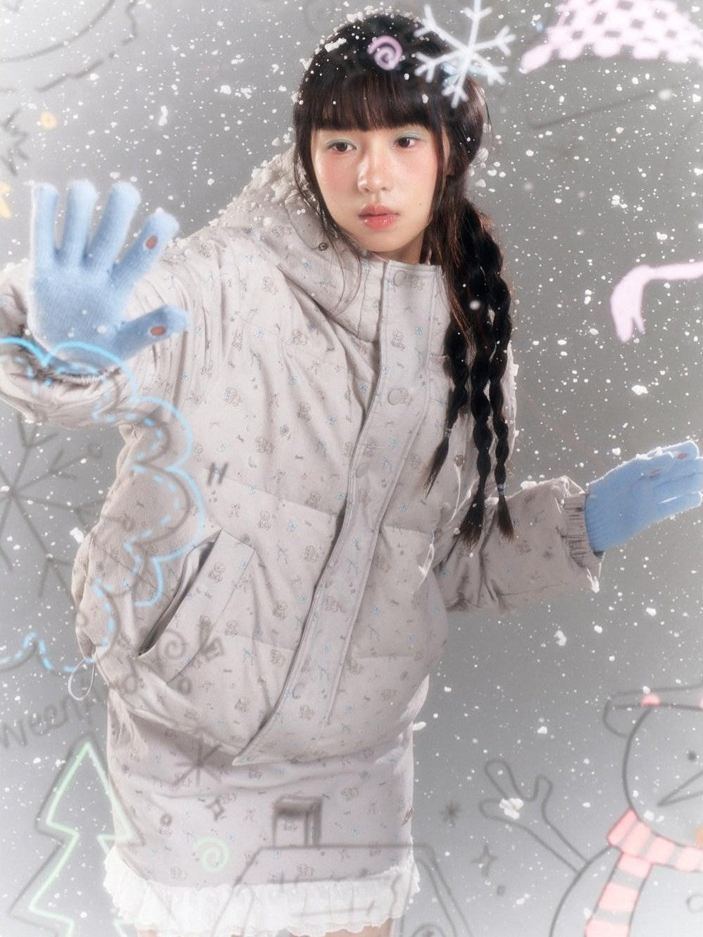 BETWEENAND Gray Full Print Lace Hooded Women&
