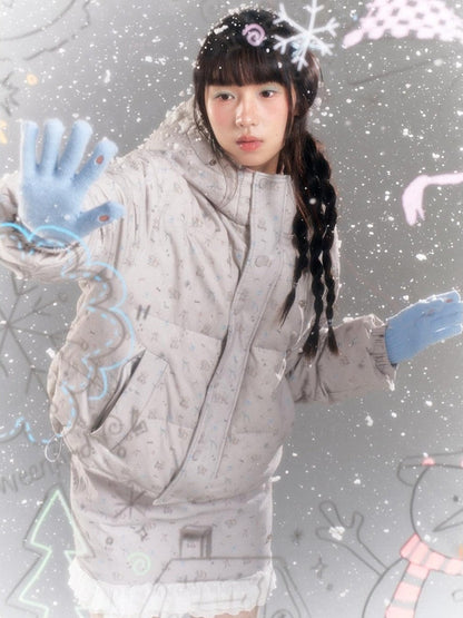 BETWEENAND Gray Full Print Lace Hooded Women&