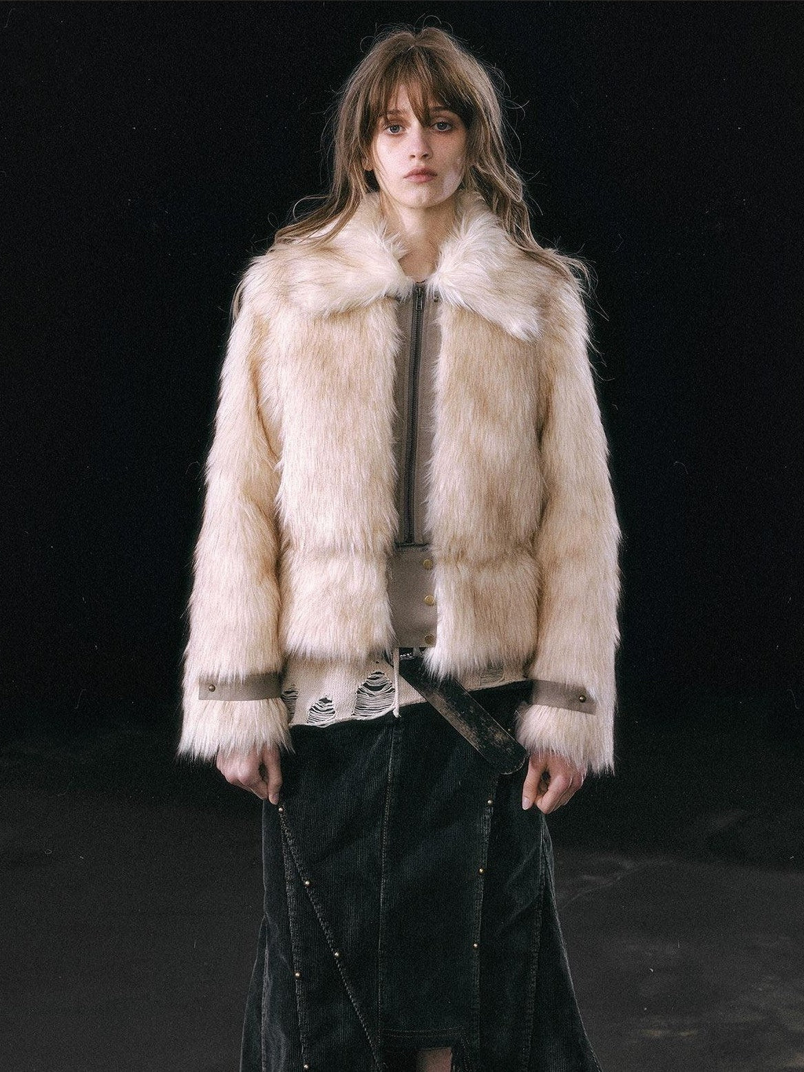 Cest Nous Ombre Leather Patch Fur Collar Detachable Hem Women&