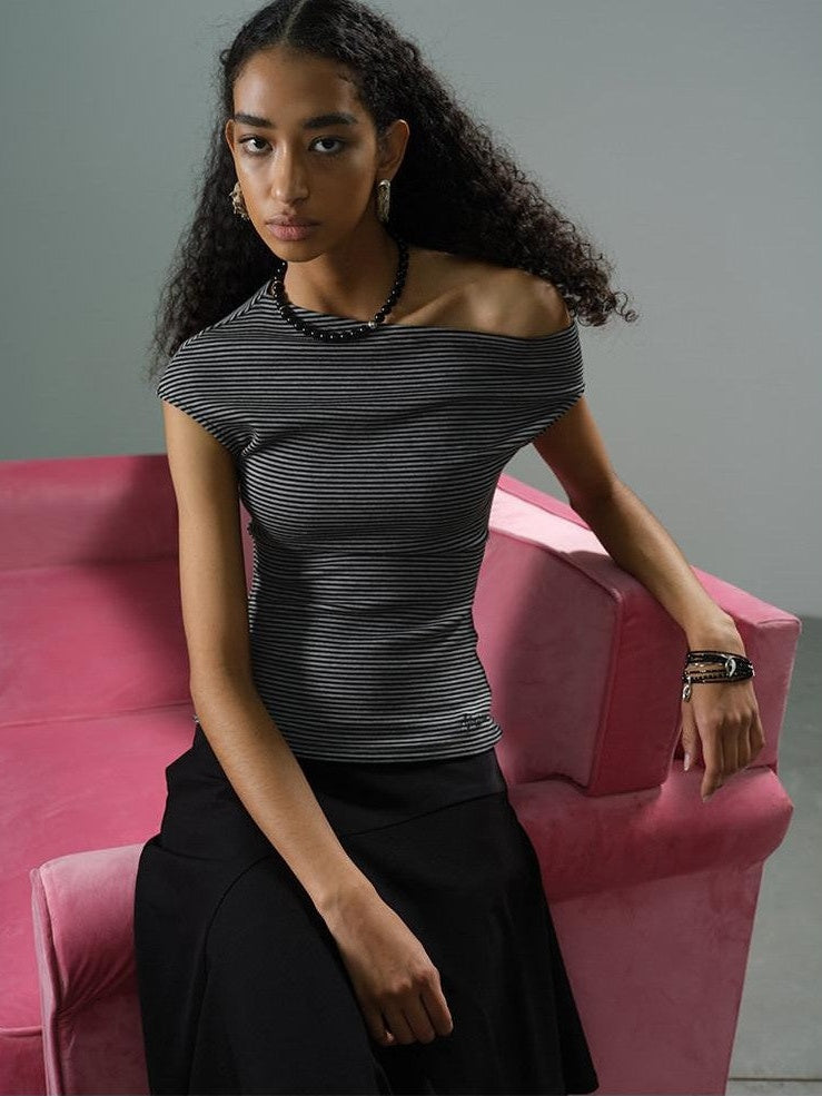 AFTADAWN Striped Asymmetrical Shoulder Cinched Waist Women&