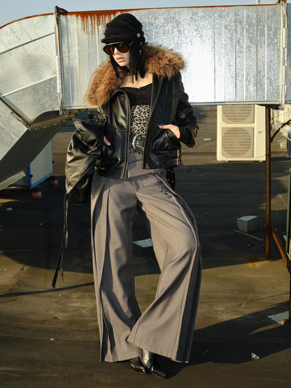 2th Desire Thick Detachable Fur Punk Straight Short Zipper Women Polyester Leather Jackets