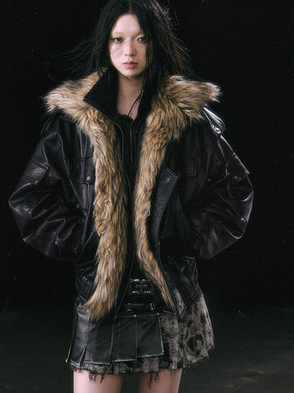 Cest Nous Cropped Detachable Fur Collar Flight Padded Women&