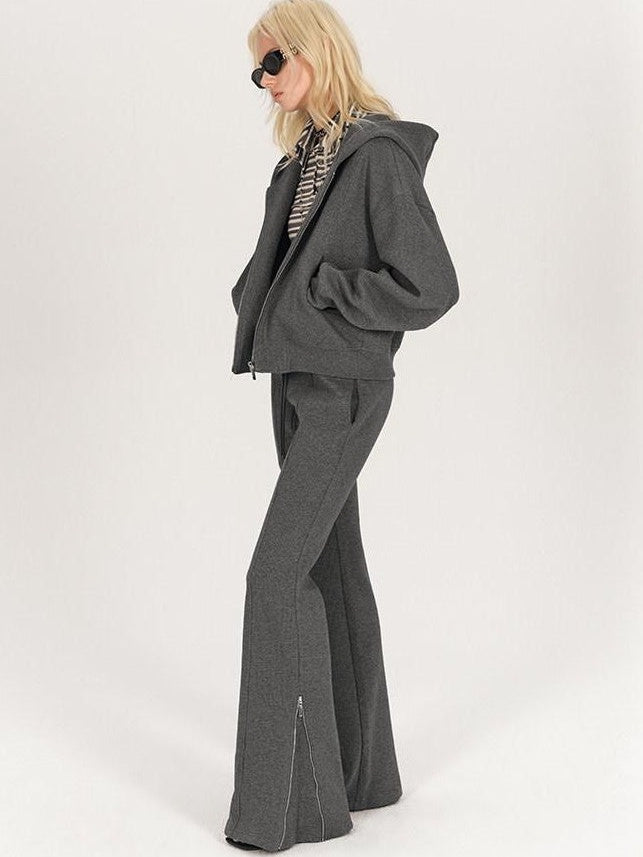 AFTADAWN Solid Hooded Zip Jacket Micro Flare Pants Women&