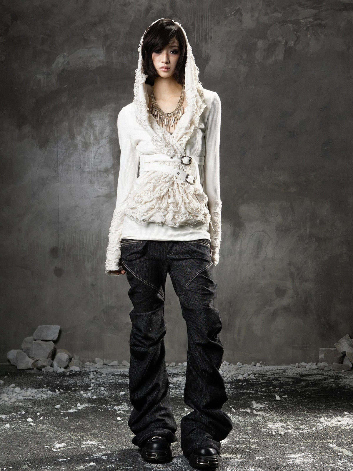 ARIADNAw Black Denim Punk Double Waistband Curved Stacked Texture Women&