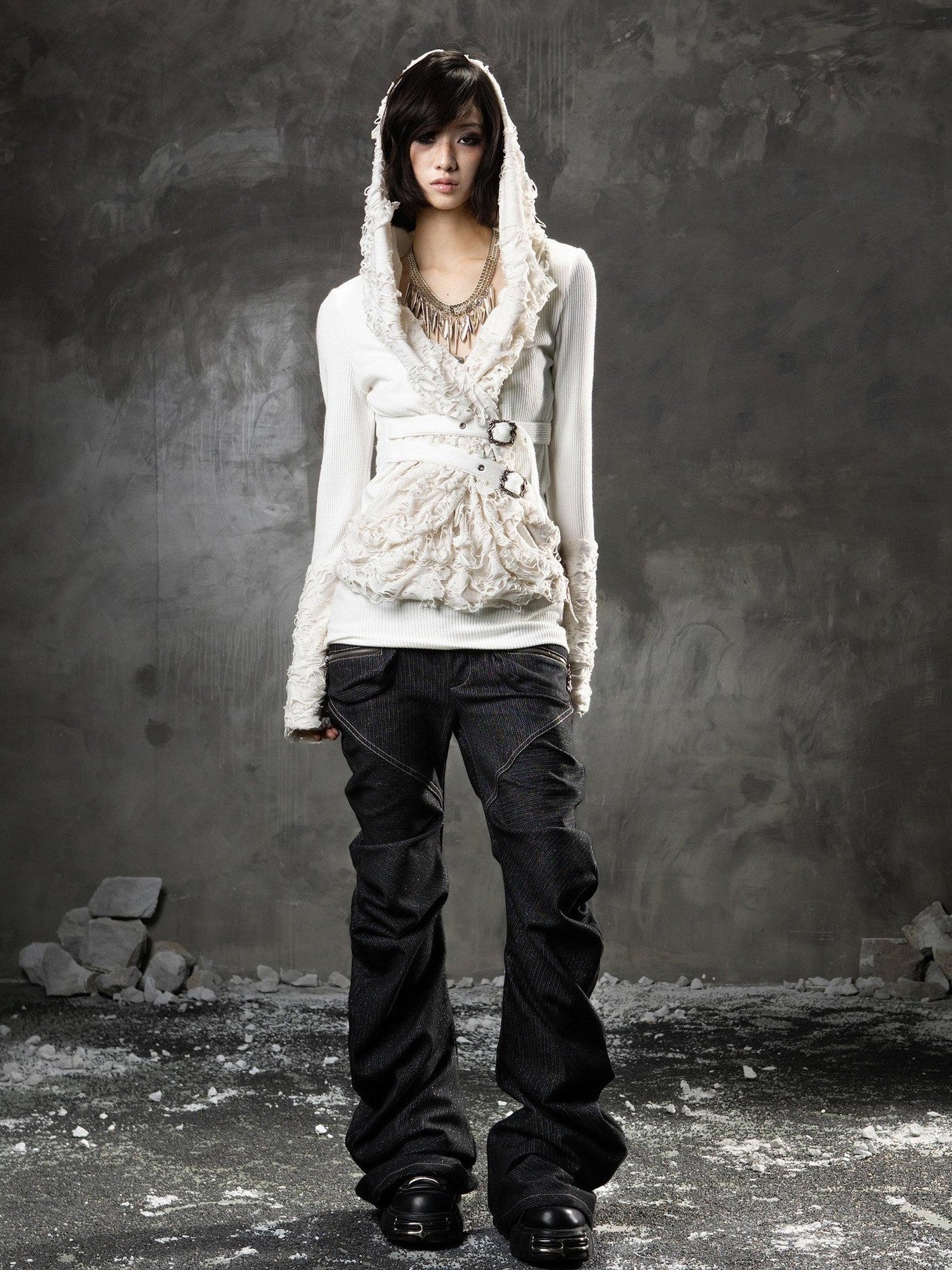 ARIADNAw Black Denim Punk Double Waistband Curved Stacked Texture Women&