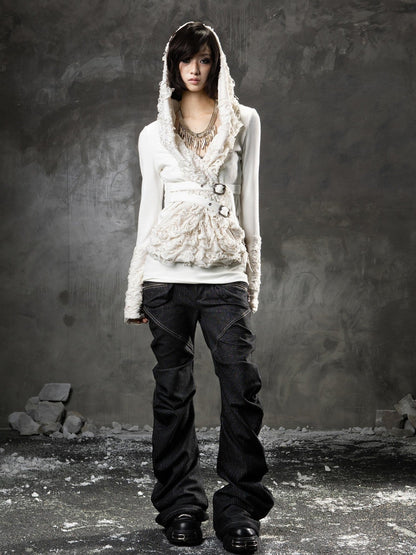 ARIADNAw Black Denim Punk Double Waistband Curved Stacked Texture Women&