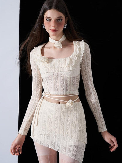 AFTADAWN Eden Rose Lace Square Neck Cropped Women&