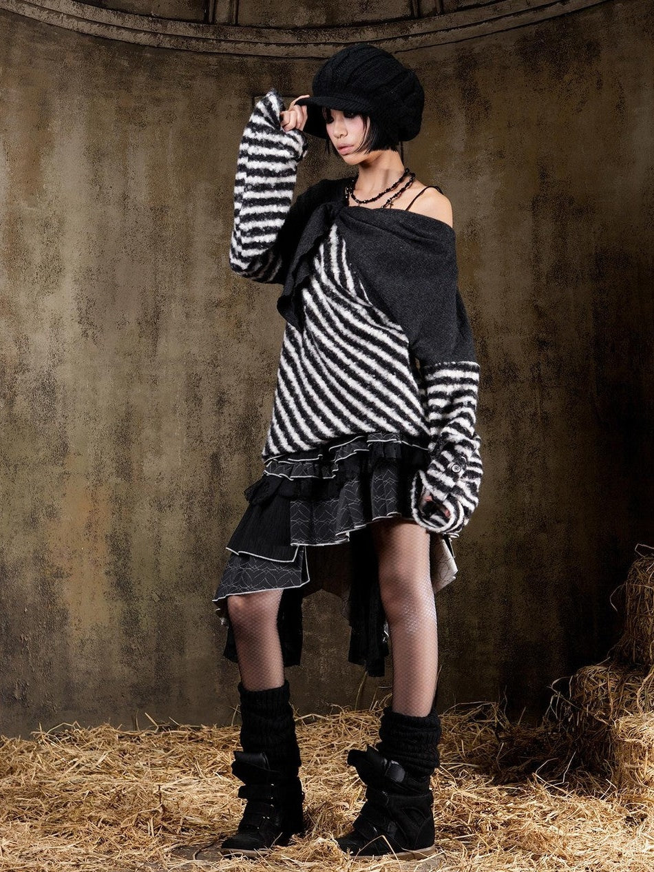 ARIADNAw Contrast Stripe Off Shoulder Punk Women&