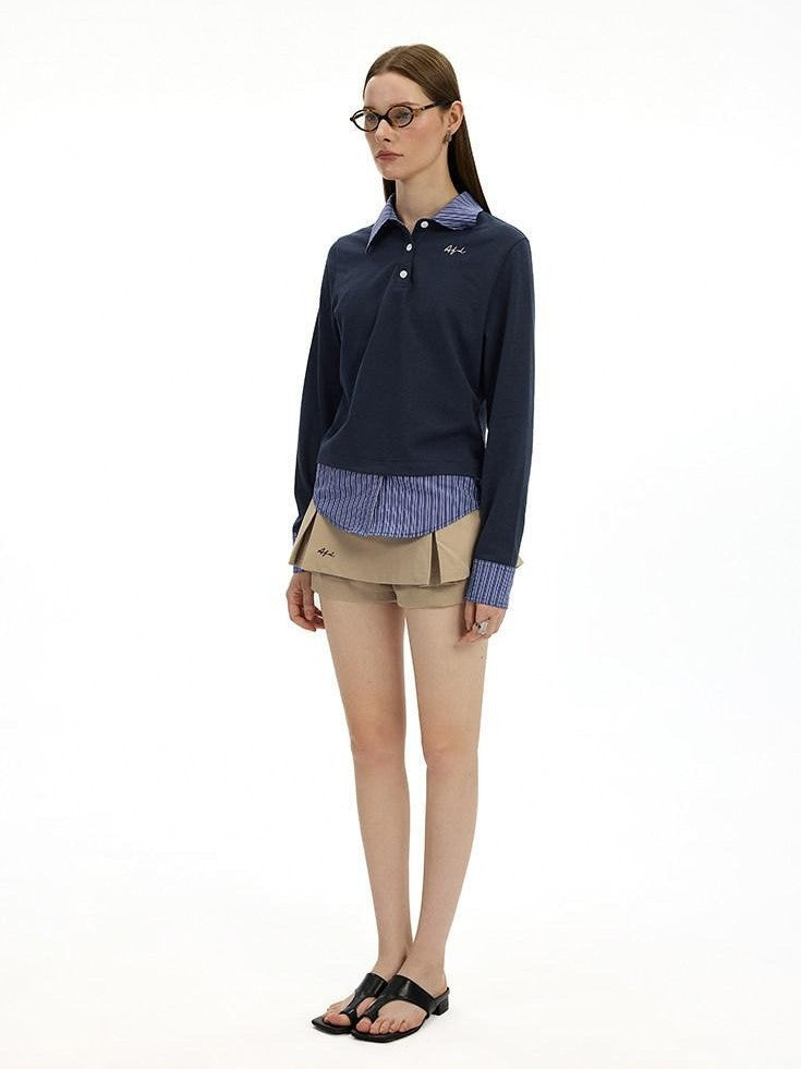 AFTADAWN Colorblock Faux Two Piece Polo Collar Striped Women&