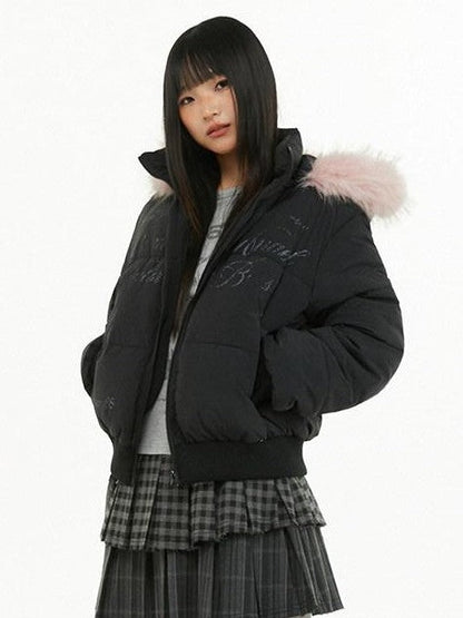 atrandom Cropped Fur Collar Detachable Hood Slim Fit Women&