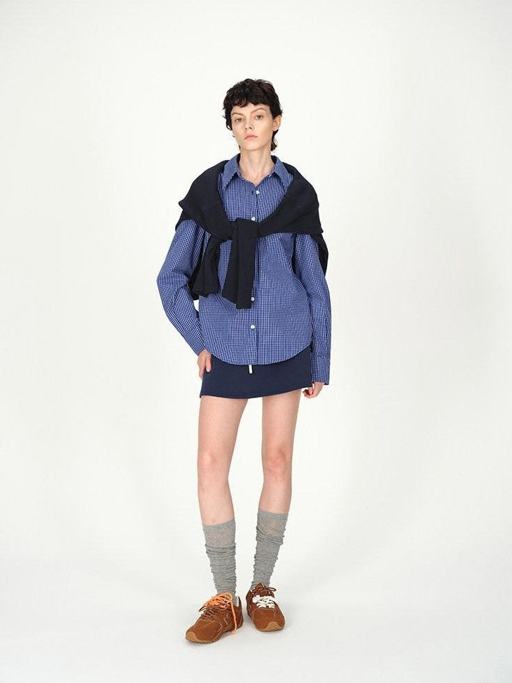 AFTADAWN Contrast Fine Check Oversized Button Polo Collar Women&