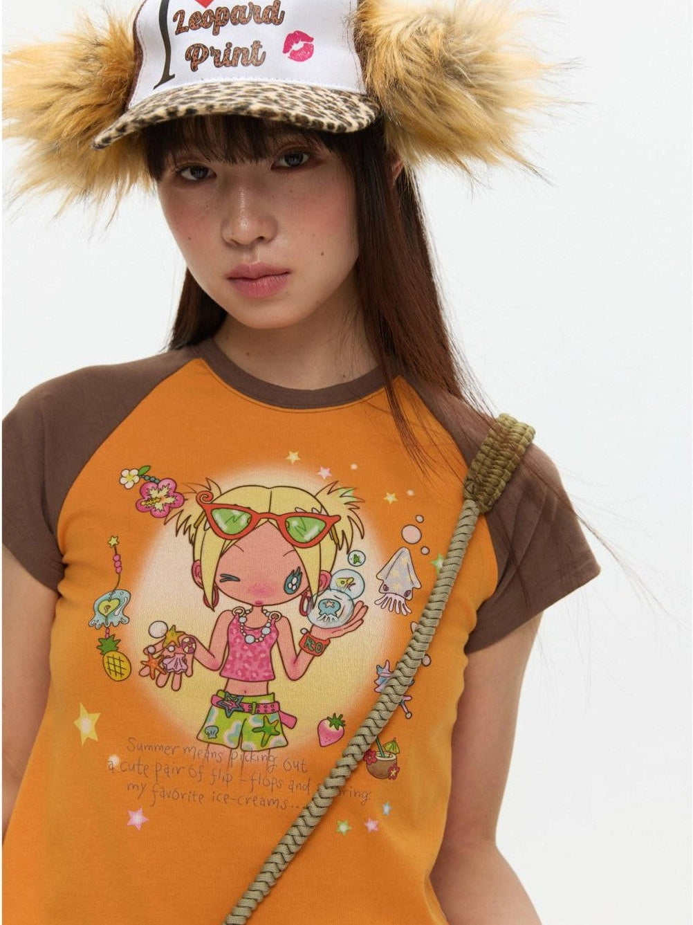 BETWEENAND Two Tone Colorblock Raglan Short Sleeve Print Women&