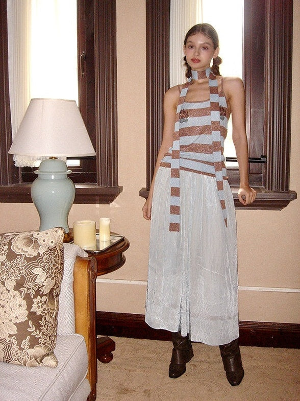 9rotic Original Design Light Blue Striped Spaghetti Strap Casual Everyday Mini Dresses