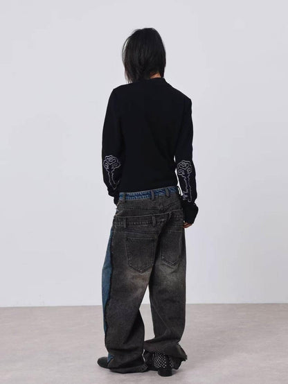 DETW onLine Dark Geometric Key Embroidery Slim Crewneck Women&