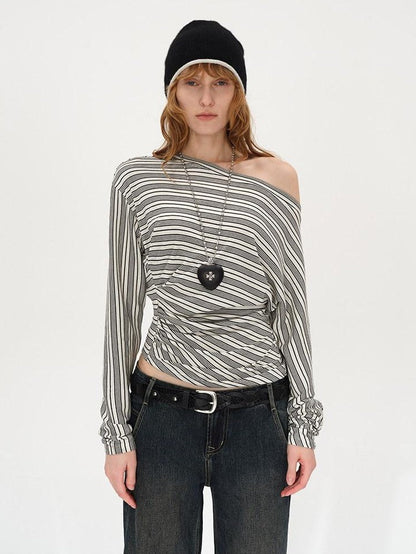 AFTADAWN Ruched Asymmetric Neck Striped Women&