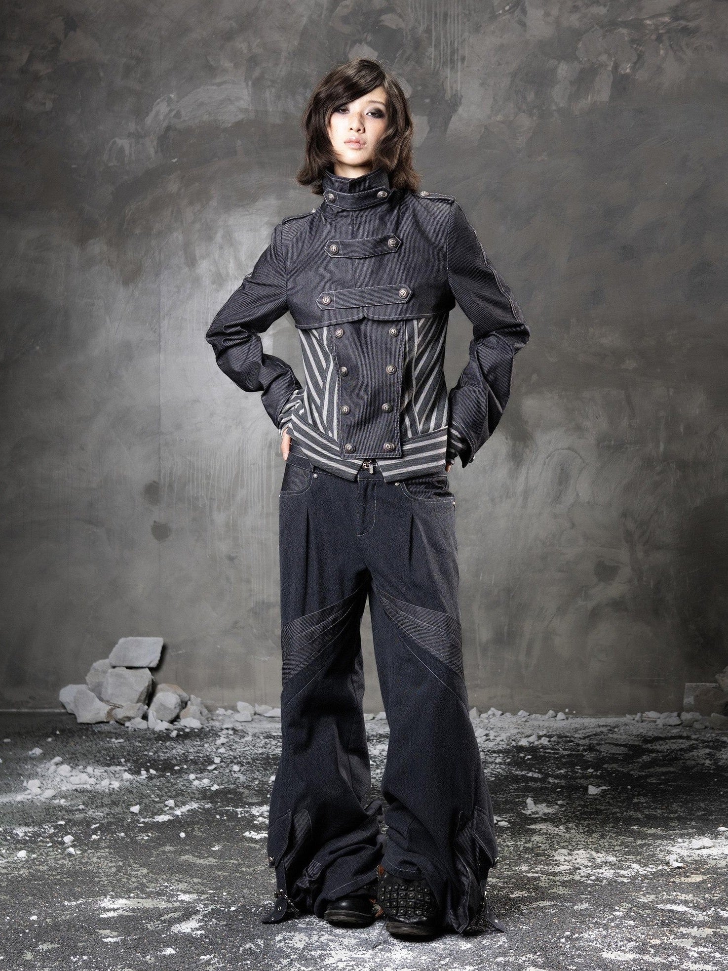 ARIADNAw Denim Blue Asymmetrical Striped Patchwork Original Design Women&