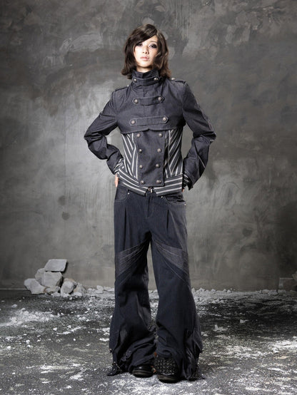 ARIADNAw Denim Blue Asymmetrical Striped Patchwork Original Design Women&