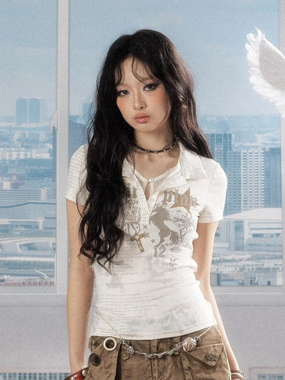 ALL iN plan Soft Stretch Cotton Blend Letter Print Cinched Waist A Line Sleeve Women T Shirt