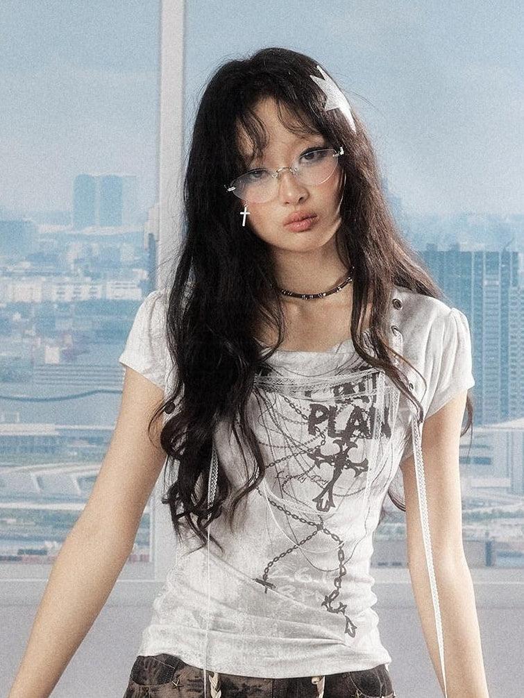 ALL iN plan Lyocell Fitted Crewneck A Line Printed Women Light Gray Short Sleeve T-Shirts