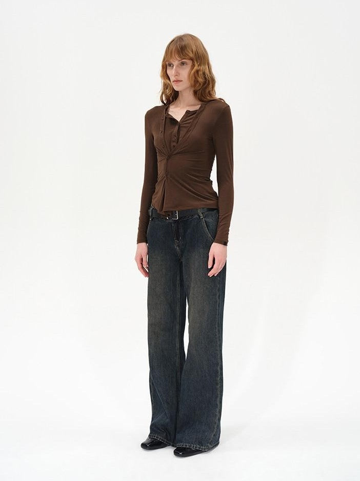 AFTADAWN Irregular Button Placket Faux Layered Women&