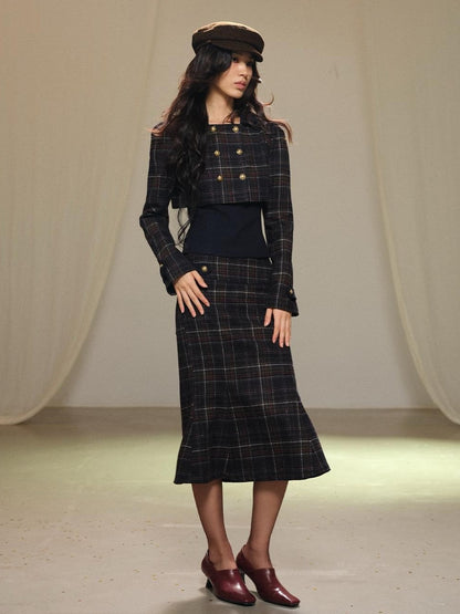 lvetong Plaid Wool Blend Cropped Jacket Long Sleeve Fishtail Skirt Women&