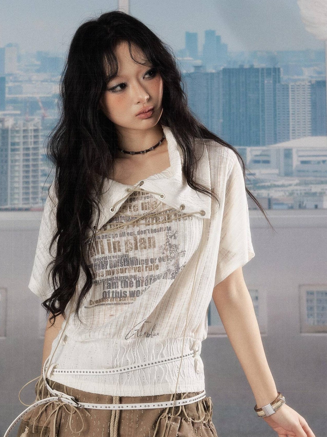ALL iN plan Luxury Cropped Batwing Polo Collar Lettered Women White Short Sleeve T-Shirts