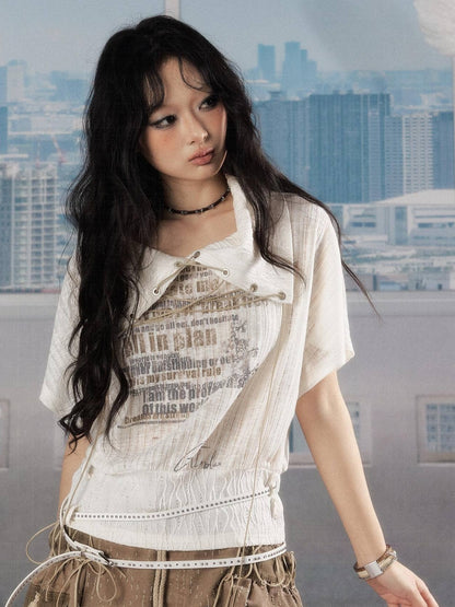 ALL iN plan Luxury Cropped Batwing Polo Collar Lettered Women White Short Sleeve T-Shirts