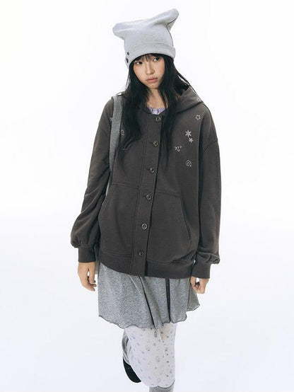 NAPSNAPS Crying Face Embroidered Vintage Button Placket Women&