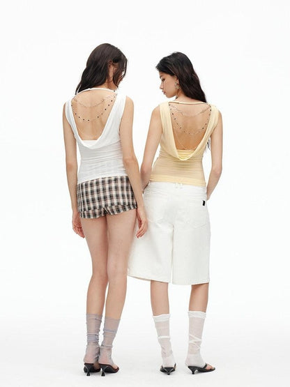 AFTADAWN Cooling Silky Backless Cowl Neck Detachable Chain Ruched Women&