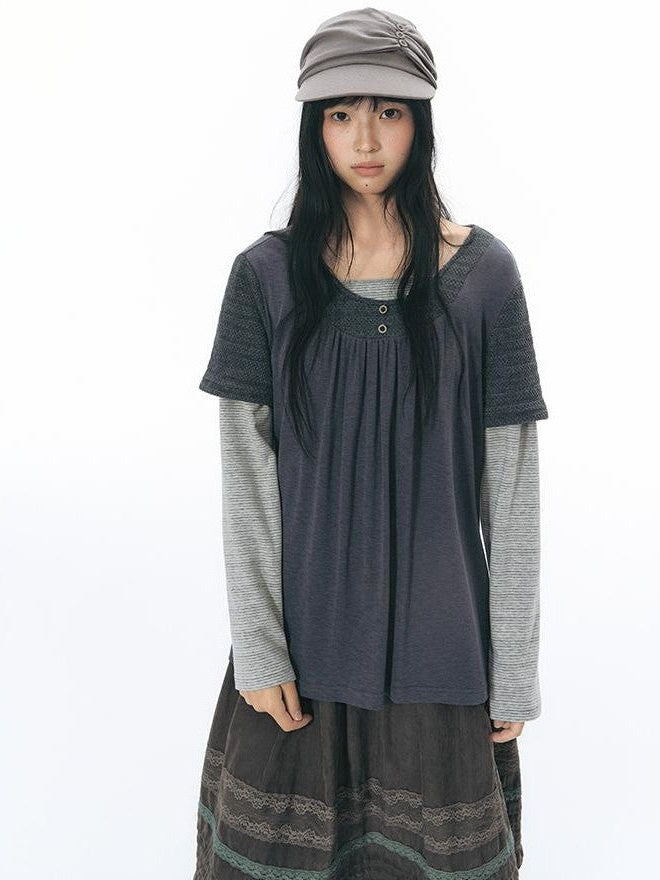 NAPSNAPS Vintage Spliced Faux Layered Round Neck Women&